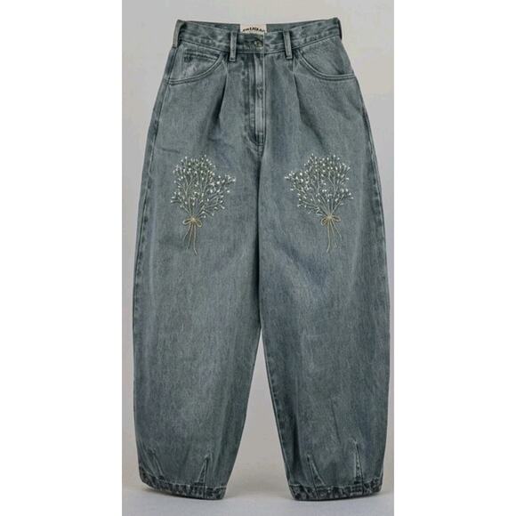 Meadows 6 Murselis Jeans Baggy Barrel Wide Leg Pants High Waisted Embroidered - Picture 1 of 15
